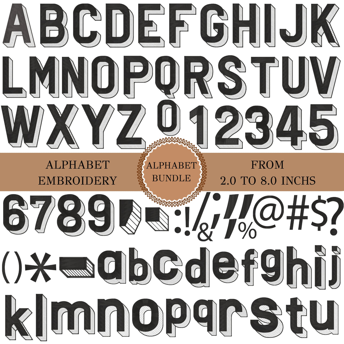 A digital preview sheet showing a full alphabet set for machine embroidery in a bold, 3D block style. The letters are presented in black with white and gray shading, arranged in rows on a white background with a brown banner in the middle.
