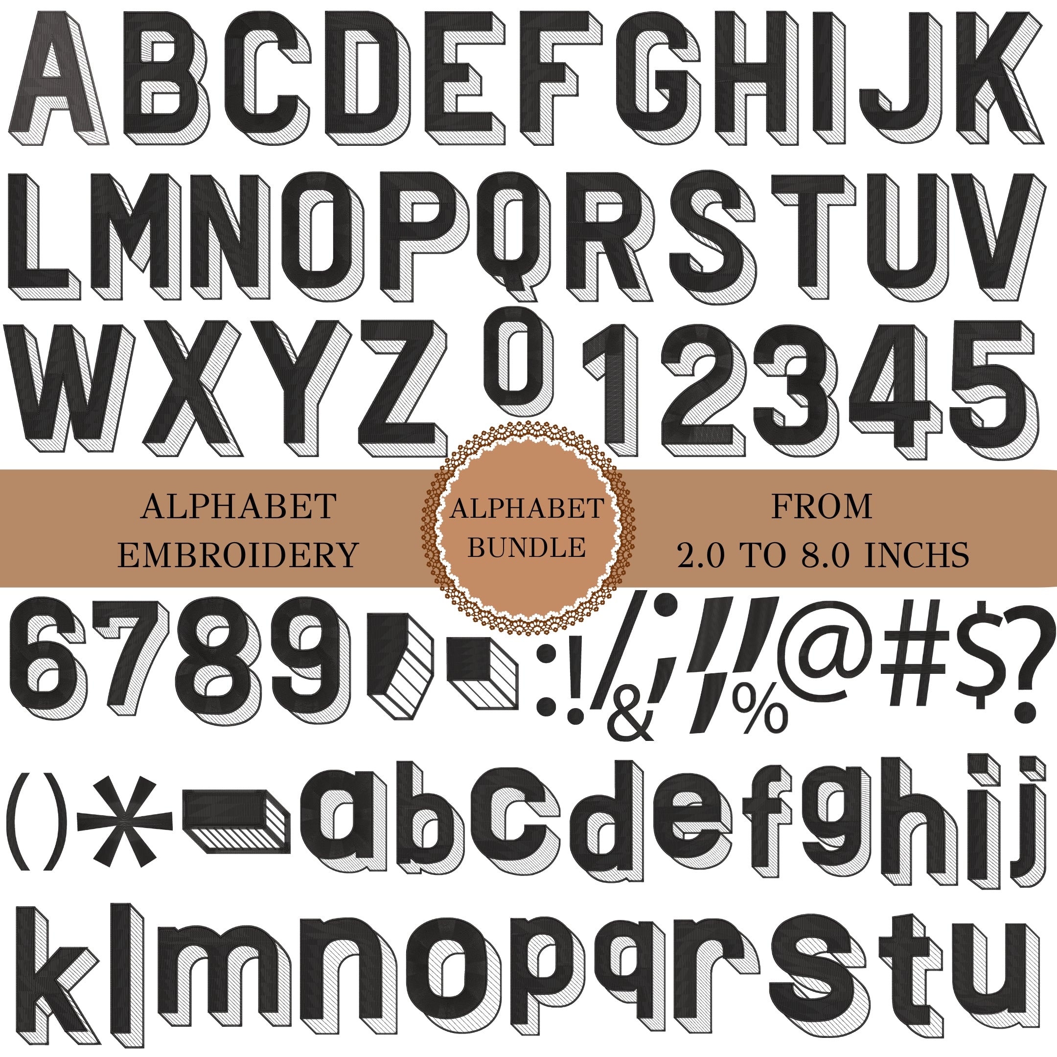 A digital preview sheet showing a full alphabet set for machine embroidery in a bold, 3D block style. The letters are presented in black with white and gray shading, arranged in rows on a white background with a brown banner in the middle.