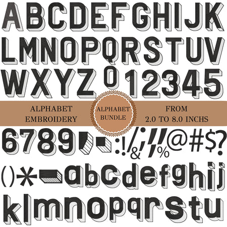 A digital preview sheet showing a full alphabet set for machine embroidery in a bold, 3D block style. The letters are presented in black with white and gray shading, arranged in rows on a white background with a brown banner in the middle.