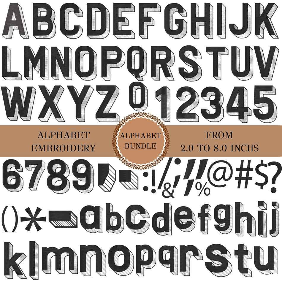 A digital preview sheet showing a full alphabet set for machine embroidery in a bold, 3D block style. The letters are presented in black with white and gray shading, arranged in rows on a white background with a brown banner in the middle.