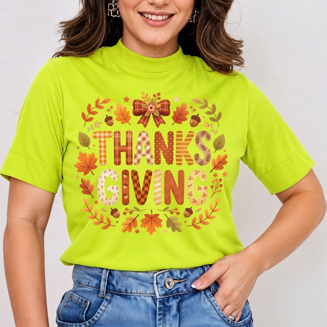 A woman wearing a bright lime green mock-neck t-shirt with a 'THANKS GIVING' autumn-themed graphic print, paired with blue jeans.