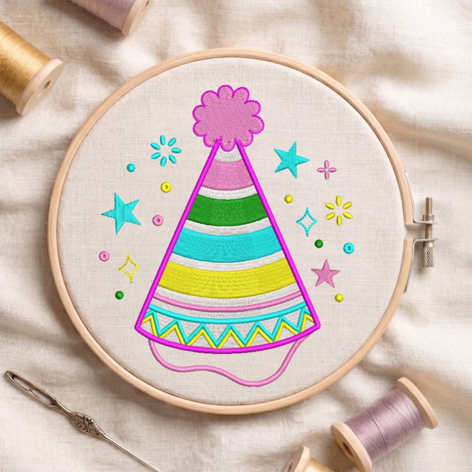 Colorful Patterned Birthday Party Hat Machine Embroidery Design ED 57