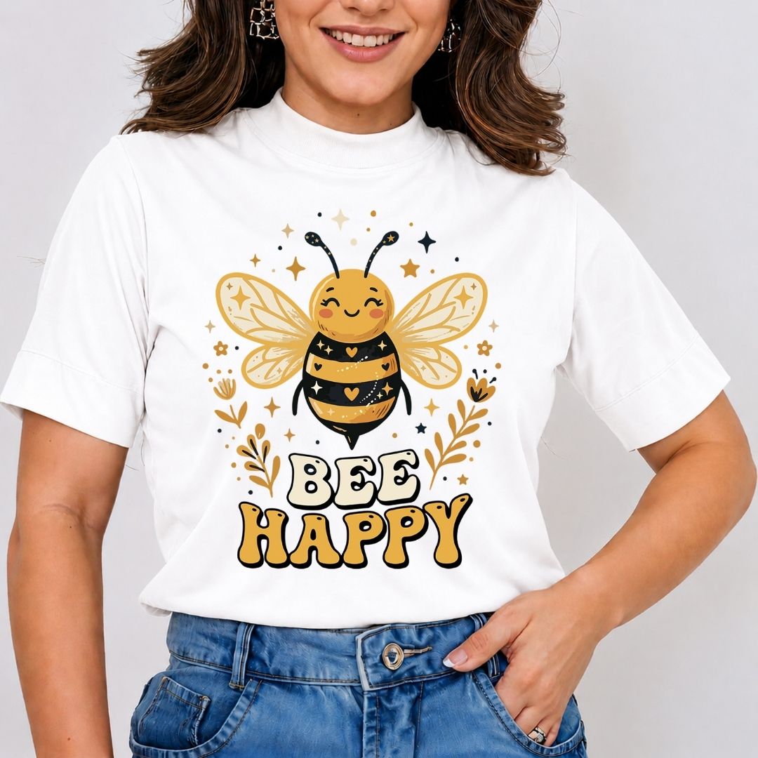 Person wearing a white t-shirt with a bee graphic and 'Bee Happy' text on a plain background