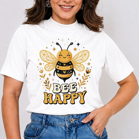 Person wearing a white t-shirt with a bee graphic and 'Bee Happy' text on a plain background