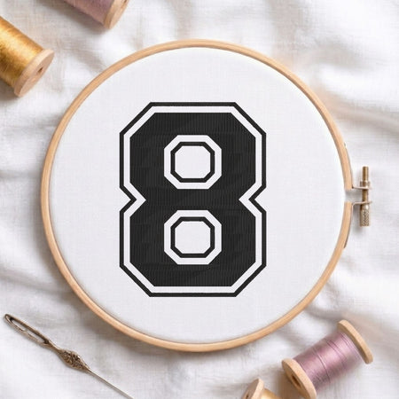 A wooden embroidery hoop holding white fabric with a large black number 8 design, surrounded by spools of thread and a needle on a white fabric background.