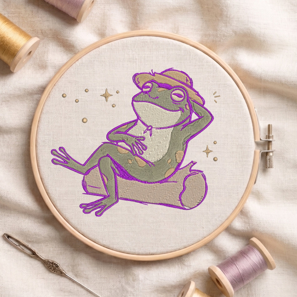 Relaxing Frog on Log Machine Embroidery Design ED 38