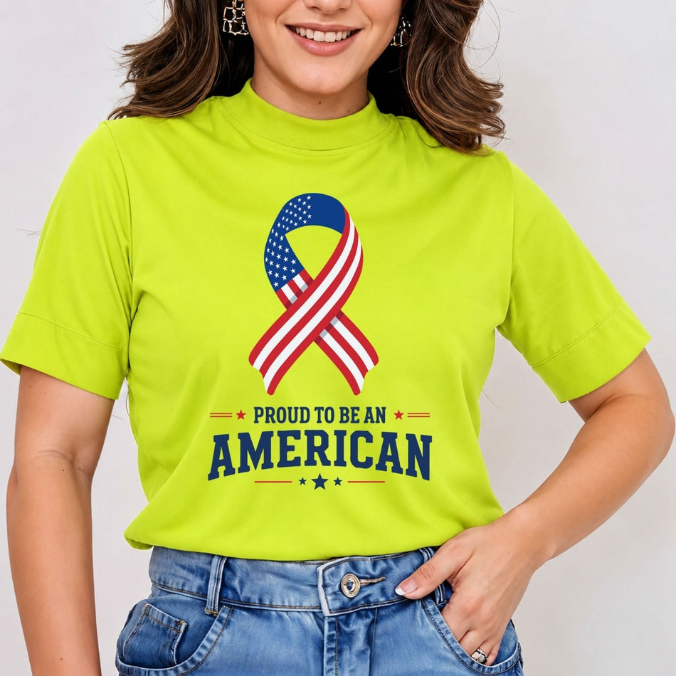 A close-up of a person wearing a hot pink t-shirt featuring an American flag ribbon graphic and the text "Proud to be an American."