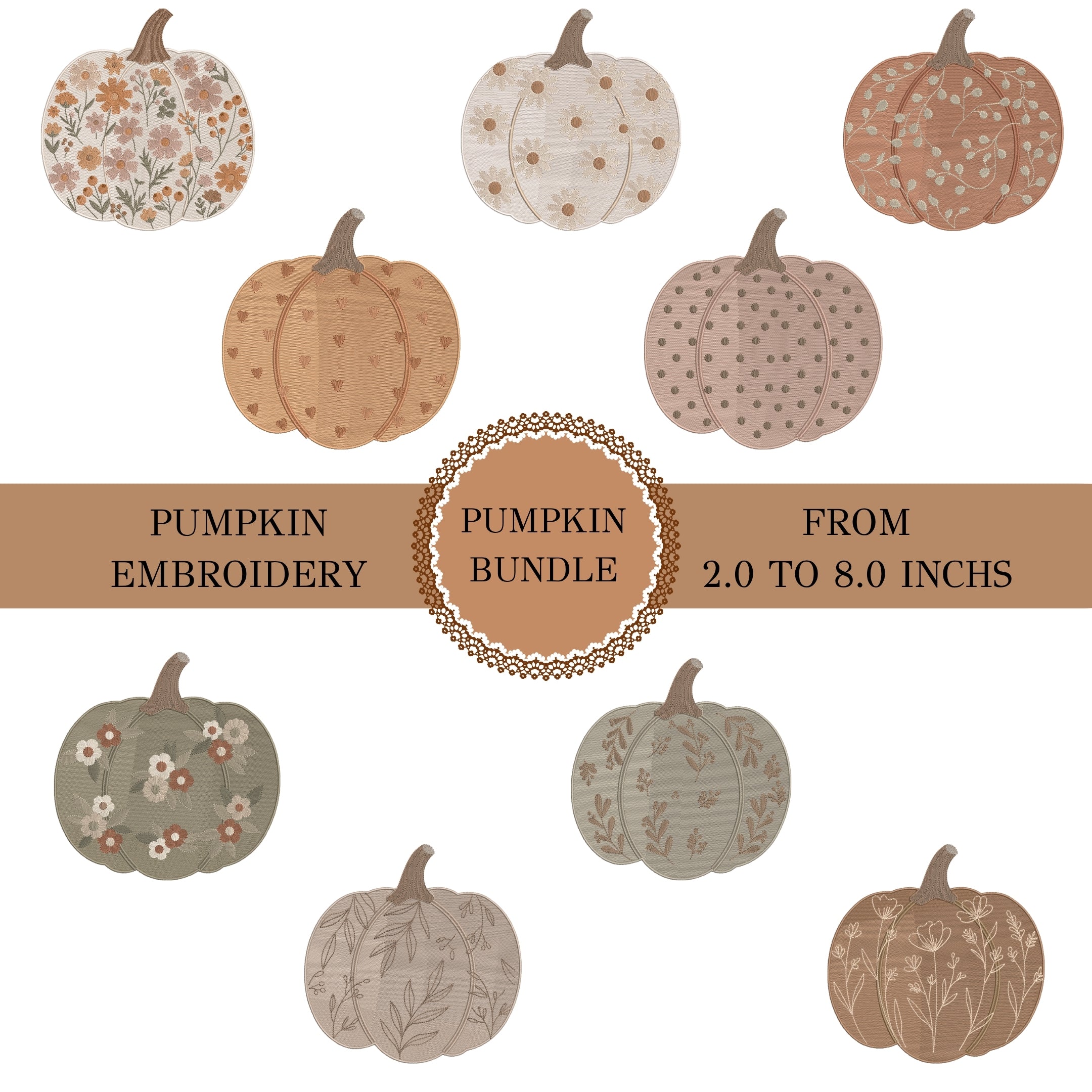 A digital preview graphic for a pumpkin embroidery bundle, showing nine different pumpkin designs in muted autumn colors with floral, polka dot, and leaf embroidery patterns. A central brown banner reads 'Pumpkin Embroidery', 'Pumpkin Bundle', and 'From 2.