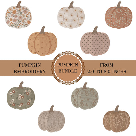 A digital preview graphic for a pumpkin embroidery bundle, showing nine different pumpkin designs in muted autumn colors with floral, polka dot, and leaf embroidery patterns. A central brown banner reads 'Pumpkin Embroidery', 'Pumpkin Bundle', and 'From 2.
