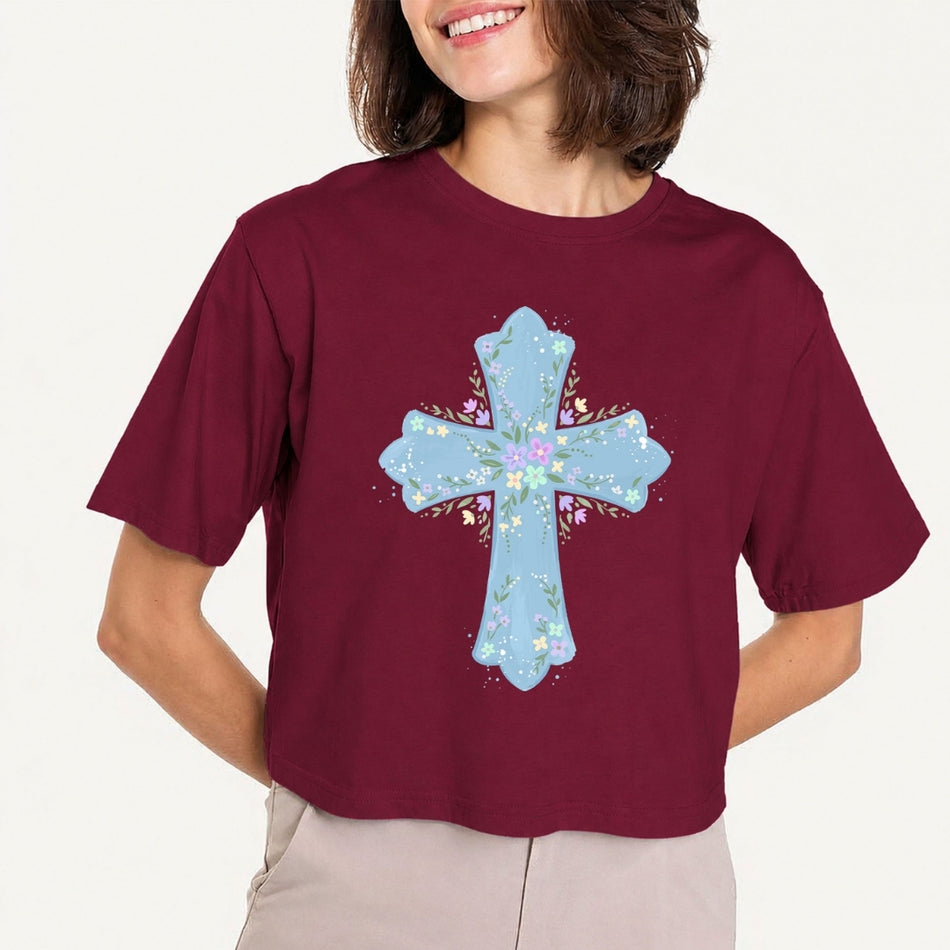 Floral Christian Cross PNG | Aesthetic Watercolor Maroon Crop Tee Sublimation