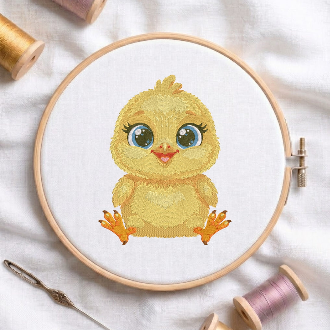 A circular embroidery hoop holding white fabric with a stitched illustration of a cute yellow chick. The hoop is photographed on a white fabric surface with spools of thread and a needle around it.