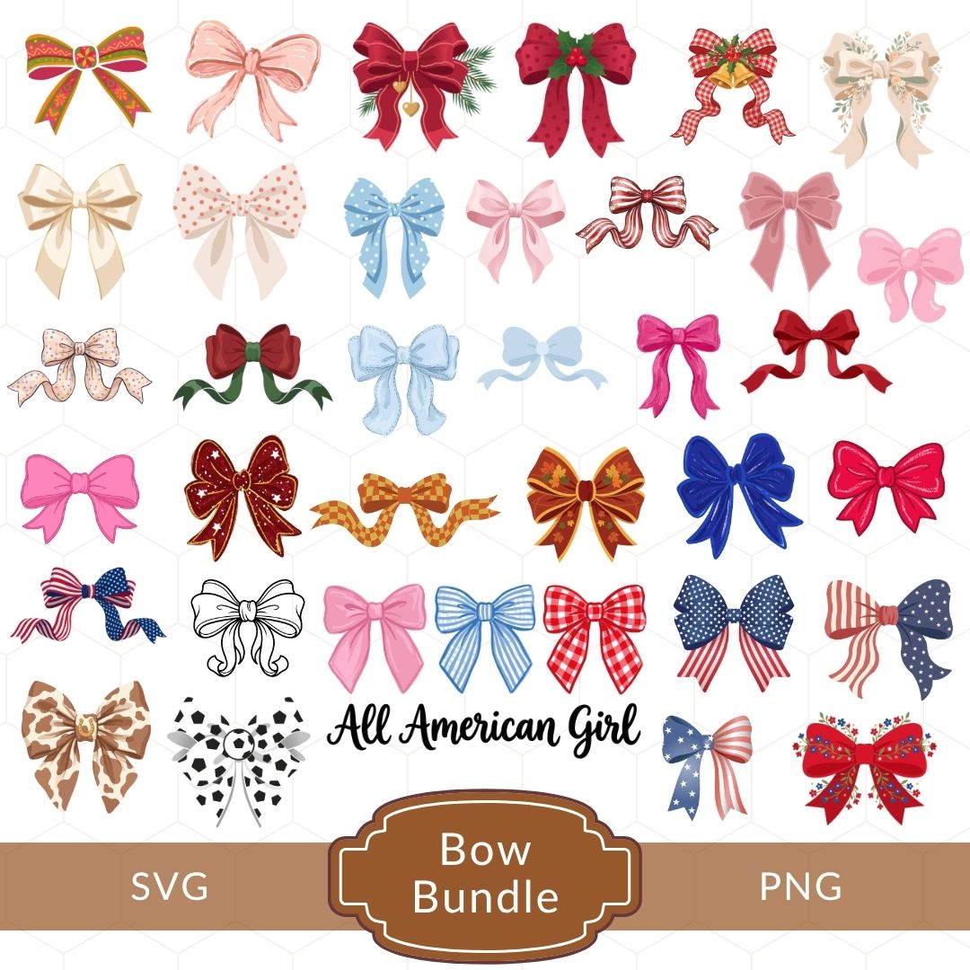 A product showcase grid displaying various stylized ribbon bow illustrations in different colors, patterns, and themes—including patriotic American, Christmas, floral, cheetah print, and soccer—with a brown badge at the bottom reading "Bow Bundle" alongside "SVG" and "PNG" labels.