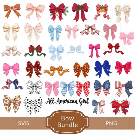 A product showcase grid displaying various stylized ribbon bow illustrations in different colors, patterns, and themes—including patriotic American, Christmas, floral, cheetah print, and soccer—with a brown badge at the bottom reading "Bow Bundle" alongside "SVG" and "PNG" labels.