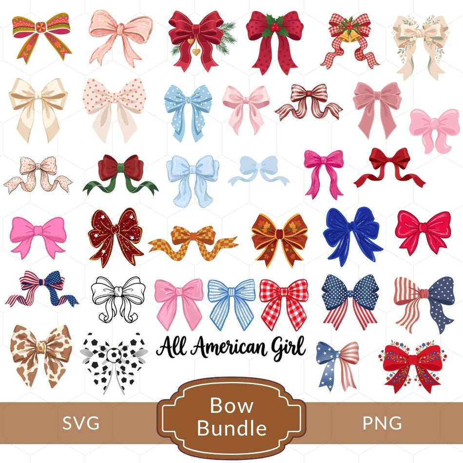 A product showcase grid displaying various stylized ribbon bow illustrations in different colors, patterns, and themes—including patriotic American, Christmas, floral, cheetah print, and soccer—with a brown badge at the bottom reading "Bow Bundle" alongside "SVG" and "PNG" labels.