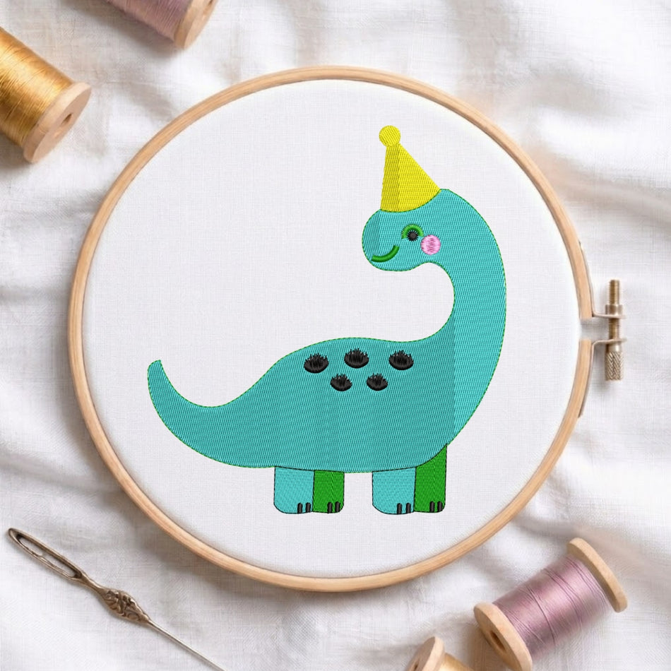 Cute Birthday Dino in Party Hat Embroidery File ED 193