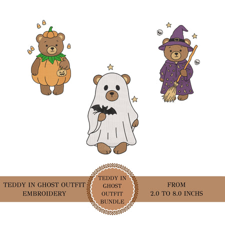 A digital collection sheet featuring various Halloween teddy bear machine embroidery designs including a pumpkin bear, a ghost bear holding a bat, and a witch bear holding a broom, ranging from 2.0 to 8.0 inches.
