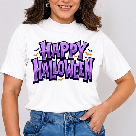 Woman wearing a white t-shirt featuring a purple and black "Happy Halloween" text design with flying bats.