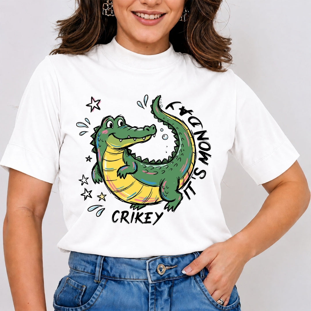 Women's White Mock Neck T-Shirt with Crikey It's Monday Graphic