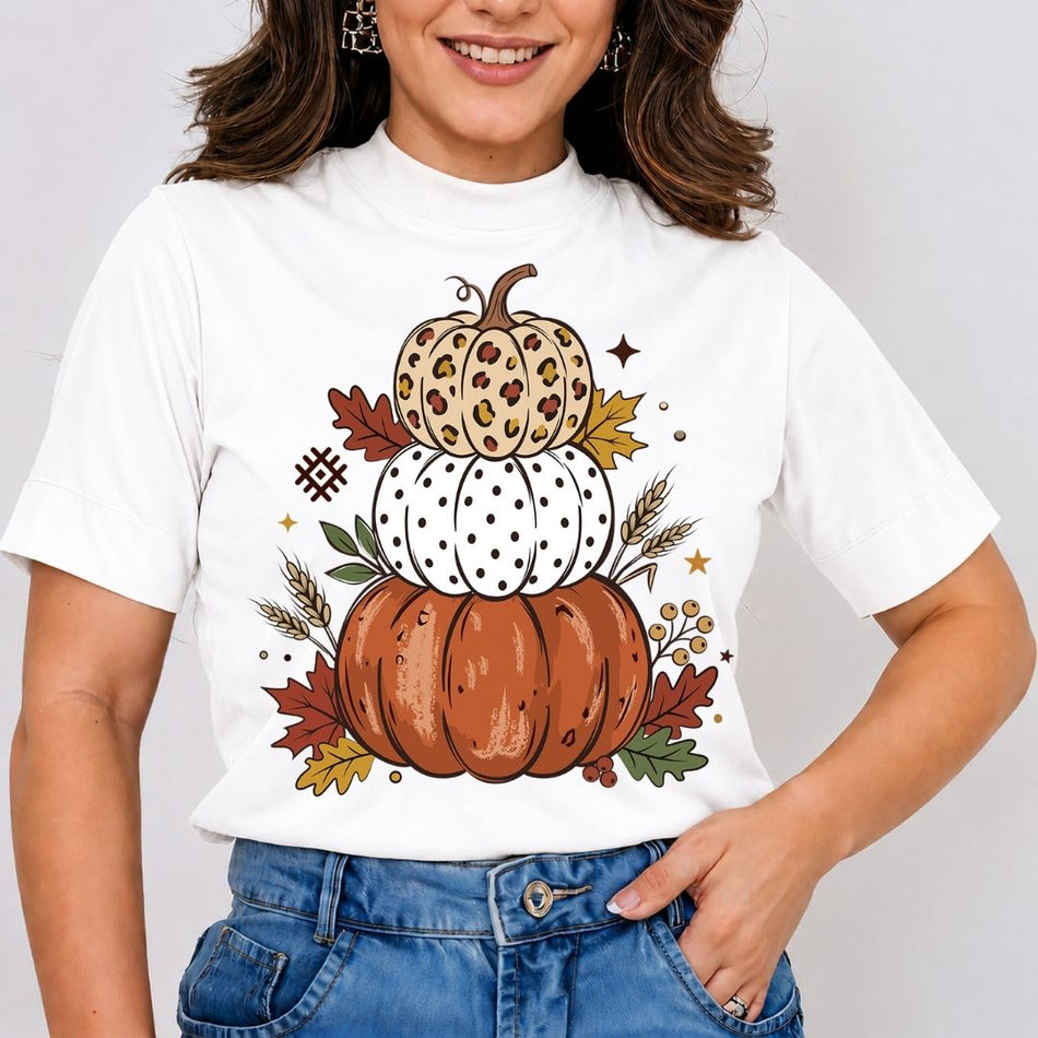 Person wearing a white t-shirt with a pumpkin design on a plain background