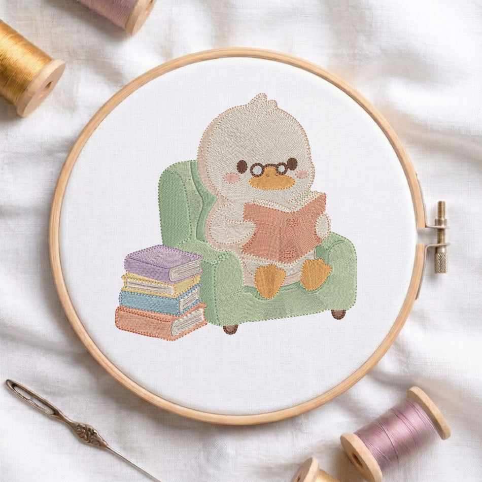 Cozy Reading Duckling in Armchair Machine Embroidery Design ED 281