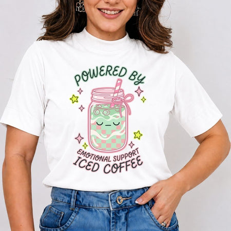 Person wearing a white t-shirt with a graphic design and text.
