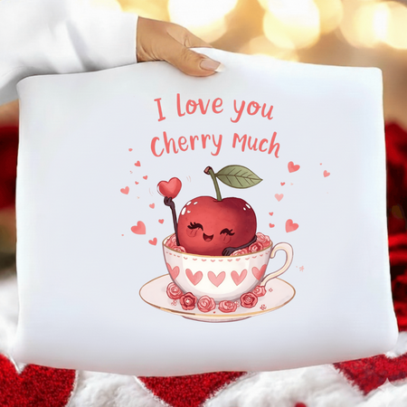 White pillow with cherry illustration and 'I Love you Cherry Much' text on a red background