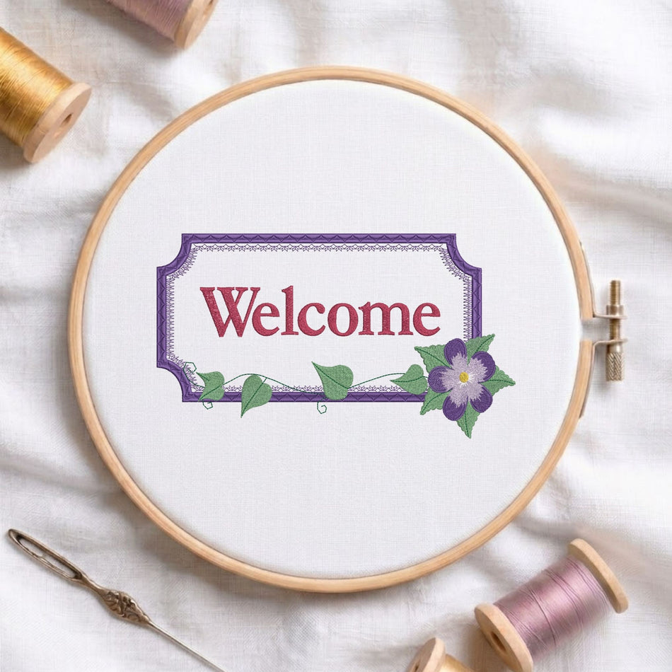 Floral Welcome Plaque Machine Embroidery Design ED 619