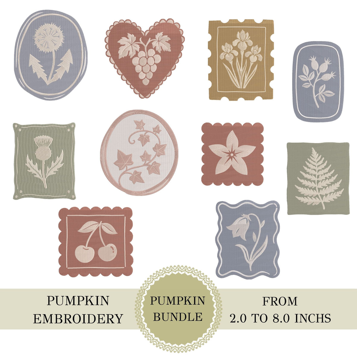 Digital preview sheet showcasing a bundle of 10 vintage botanical machine embroidery designs including dandelion, grapes, irises, berries, thistle, ivy, starflower, fern, cherries, and bellflowers.