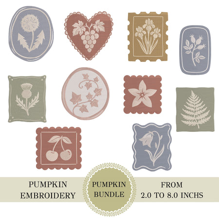 Digital preview sheet showcasing a bundle of 10 vintage botanical machine embroidery designs including dandelion, grapes, irises, berries, thistle, ivy, starflower, fern, cherries, and bellflowers.