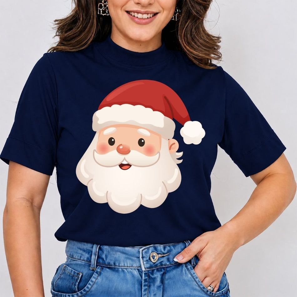 A woman wearing a navy blue short-sleeve t-shirt with a large cartoon Santa Claus face graphic on the front, paired with blue jeans against a light gray background.