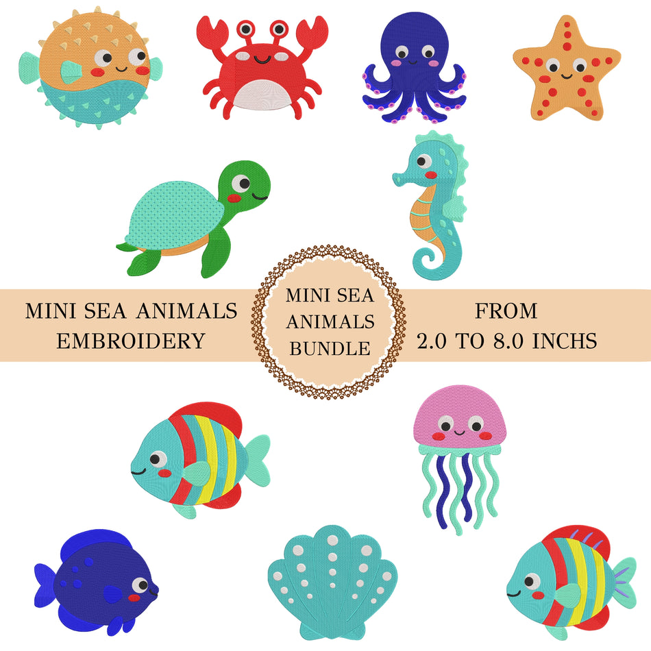 A collage of cute cartoon sea animals and shells on a white background, with text reading 'MINI SEA ANIMALS EMBROIDERY' and 'MINI SEA ANIMALS BUNDLE FROM 2.0 TO 8.