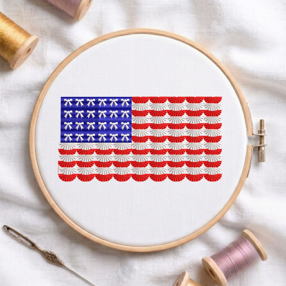 Stylized Patriotic Flag with Bows and Fans Machine Embroidery Design ED 289
