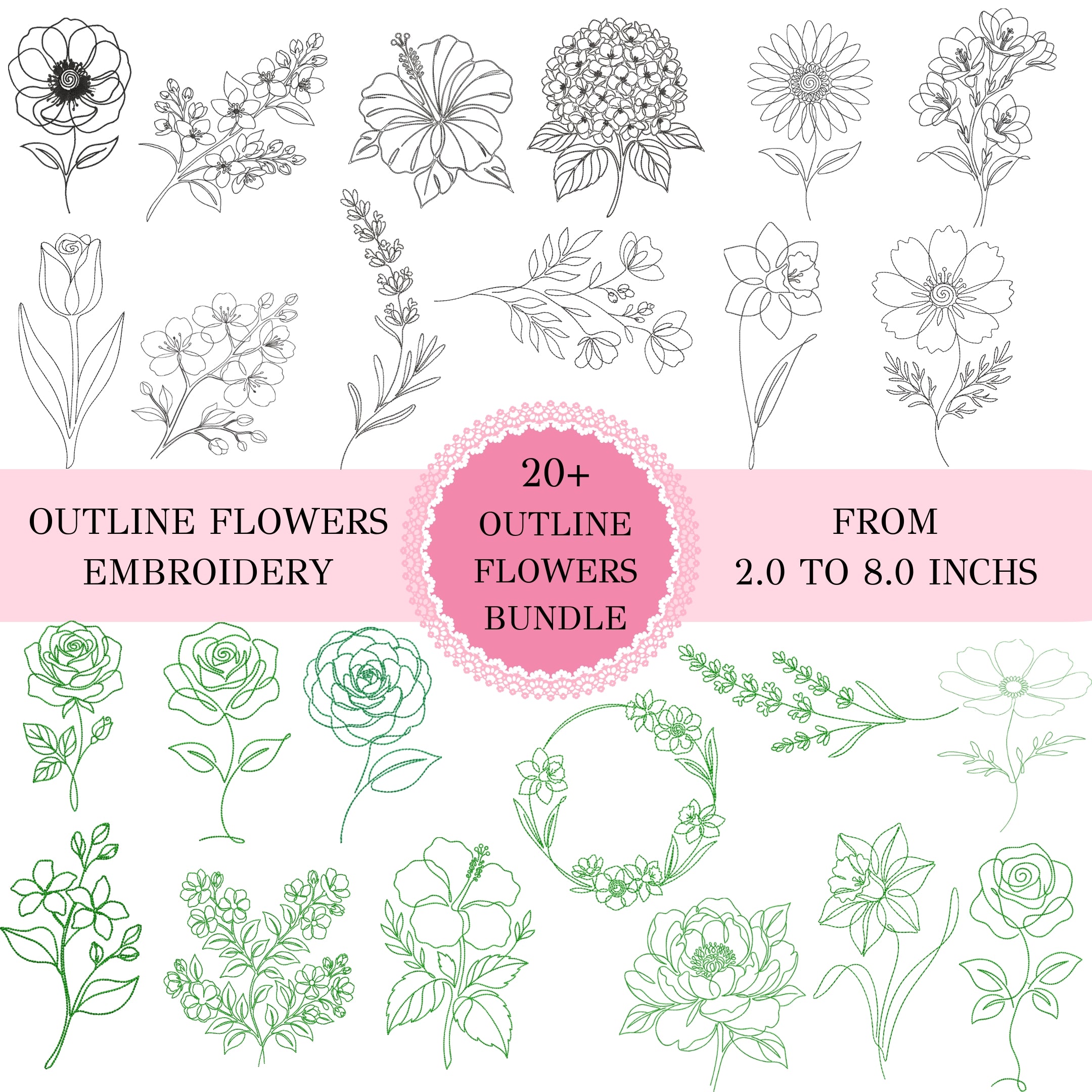 A digital preview sheet for an embroidery flower outline bundle, showing multiple floral line drawings in black and green on a white background, with pink text banners reading 'OUTLINE FLOWERS EMBROIDERY' and '20+ OUTLINE FLOWERS BUNDLE FROM 2.0 TO 8.