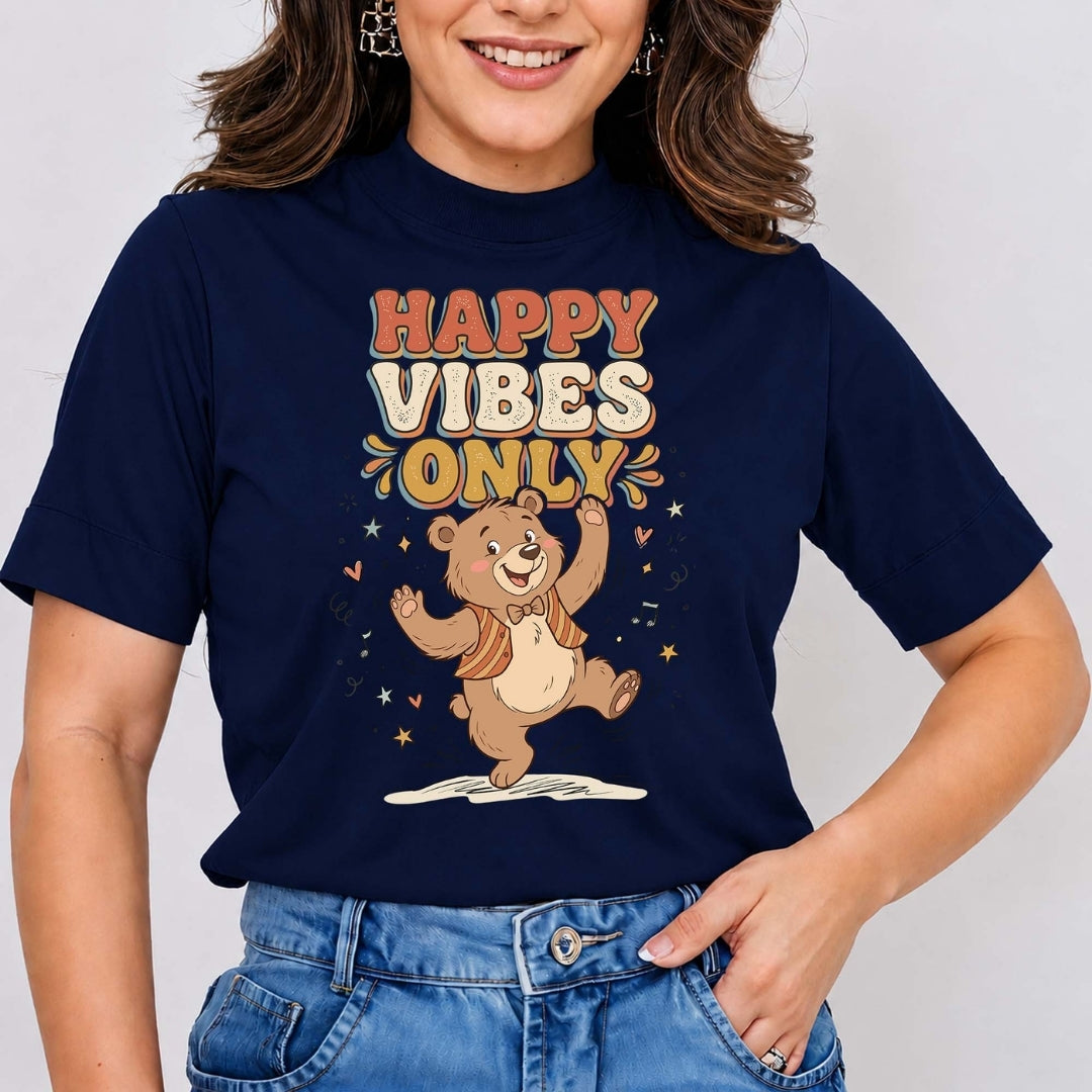 Person wearing a navy blue t-shirt with a bear graphic and 'Happy Vibes Only' text.