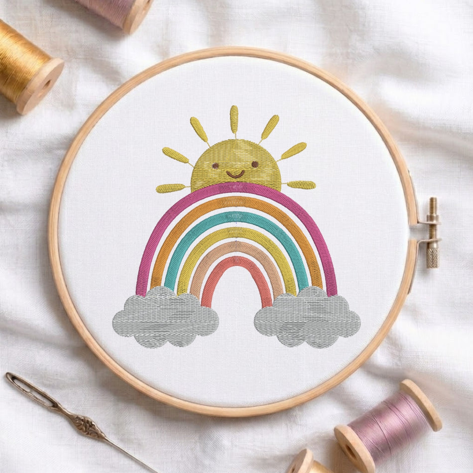 Cheerful Smiling Sun and Rainbow Machine Embroidery Design ED 260