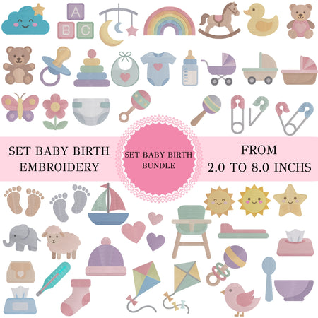 A digital collection sheet featuring various baby birth embroidery designs including alphabet blocks, rainbows, rattles, baby clothes, toys, and footprints from 2.0 to 8.0 inches.