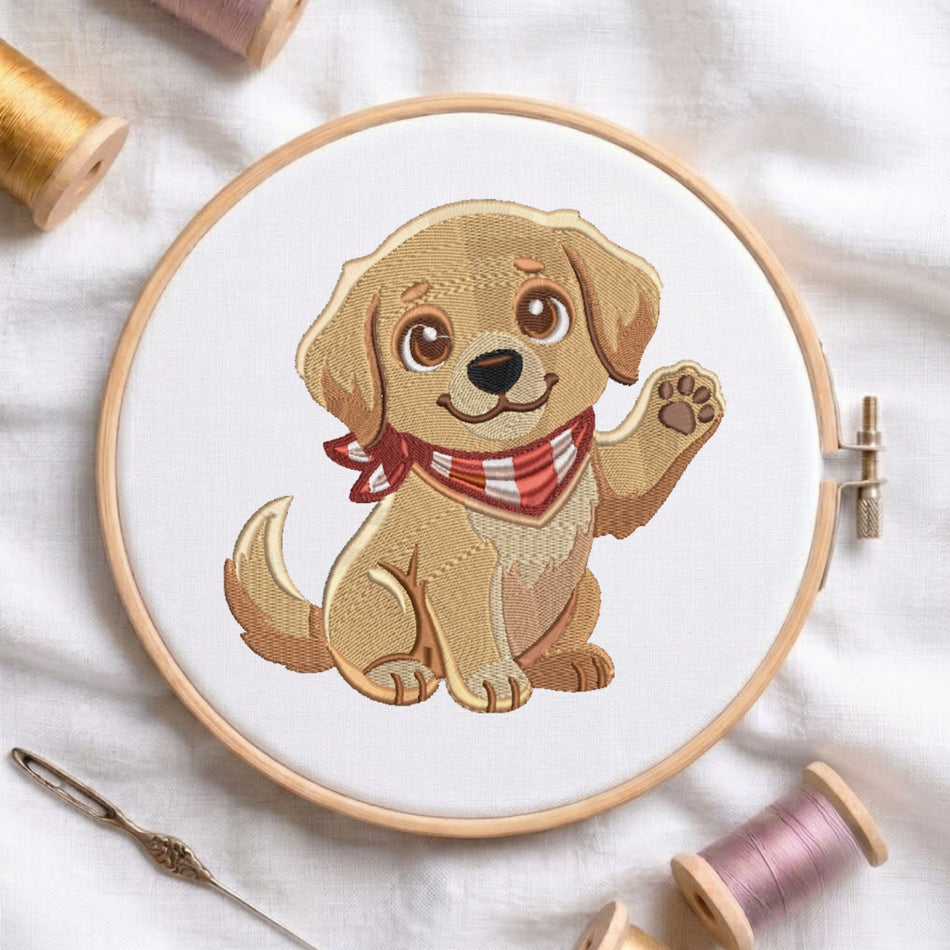 Charming Waving Puppy with Bandana Machine Embroidery Design ED 253
