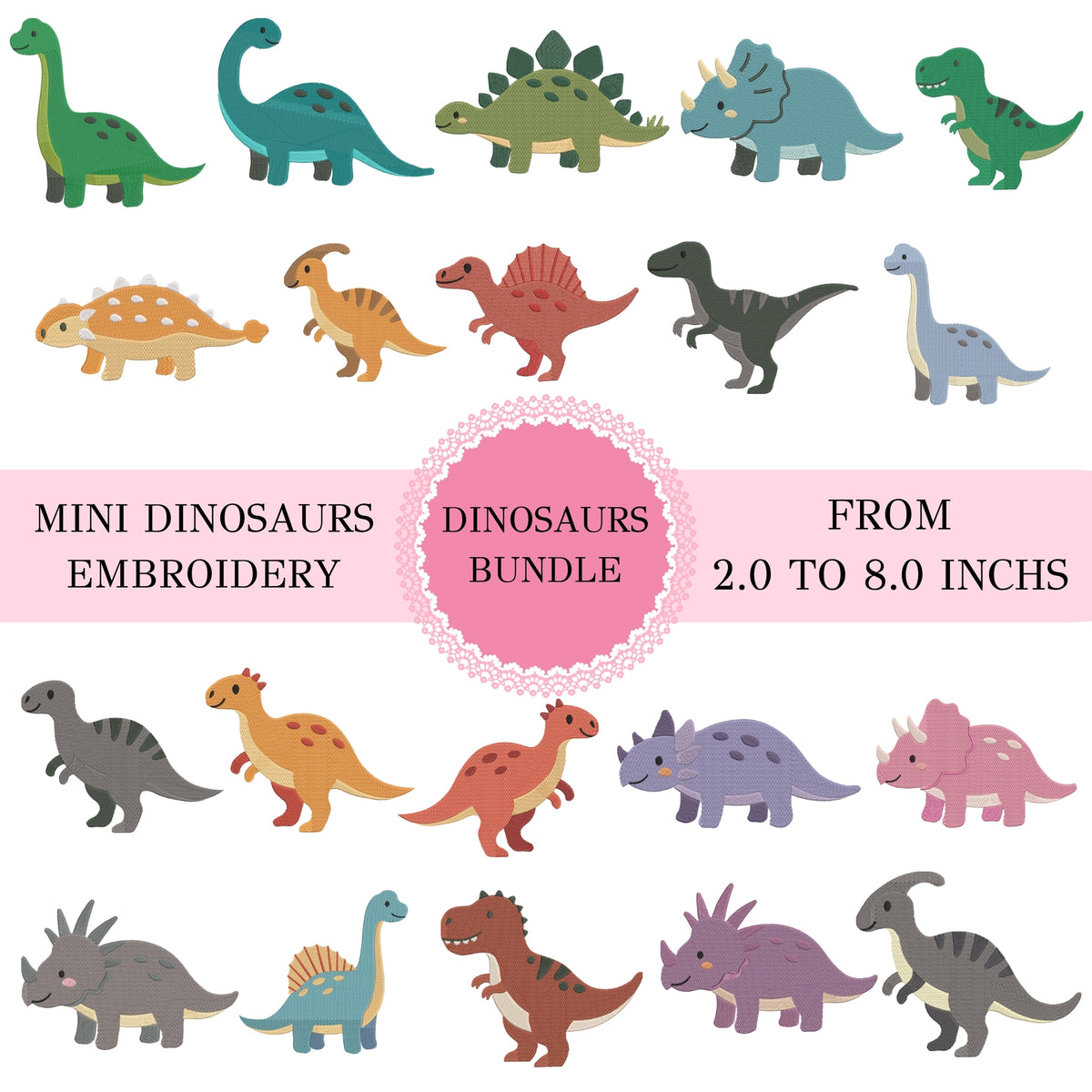 A collage of colorful mini dinosaur embroidery designs arranged on a white background, with a pink circular label reading 'DINOSAURS BUNDLE' and text stating 'MINI DINOSAURS EMBROIDERY' and 'FROM 2.0 TO 8.