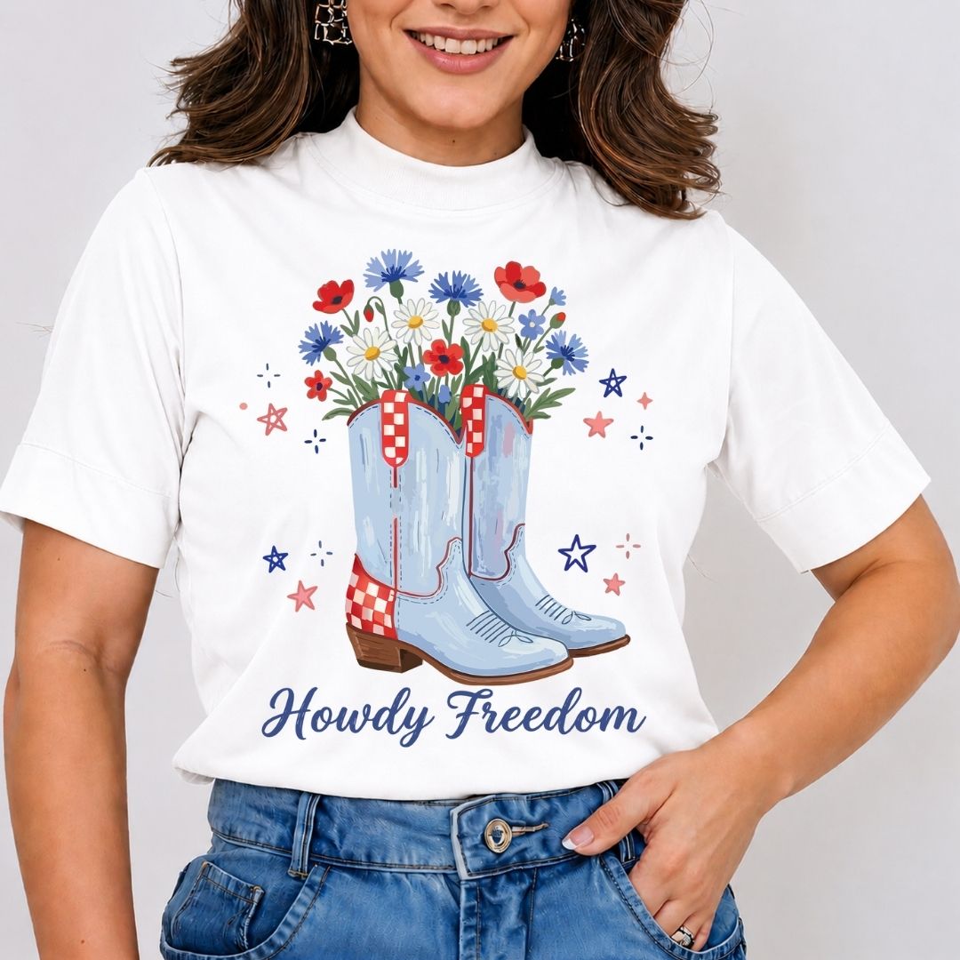 Howdy Freedom Cowboy Boots PNG | Patriotic Floral Sublimation Design