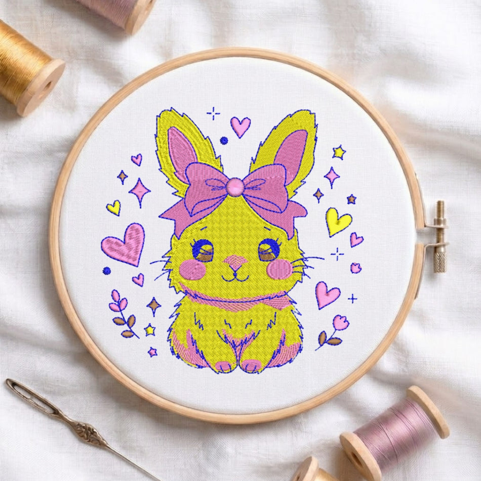 Charming Kawaii Bunny with Pink Bow Machine Embroidery Design ED 202