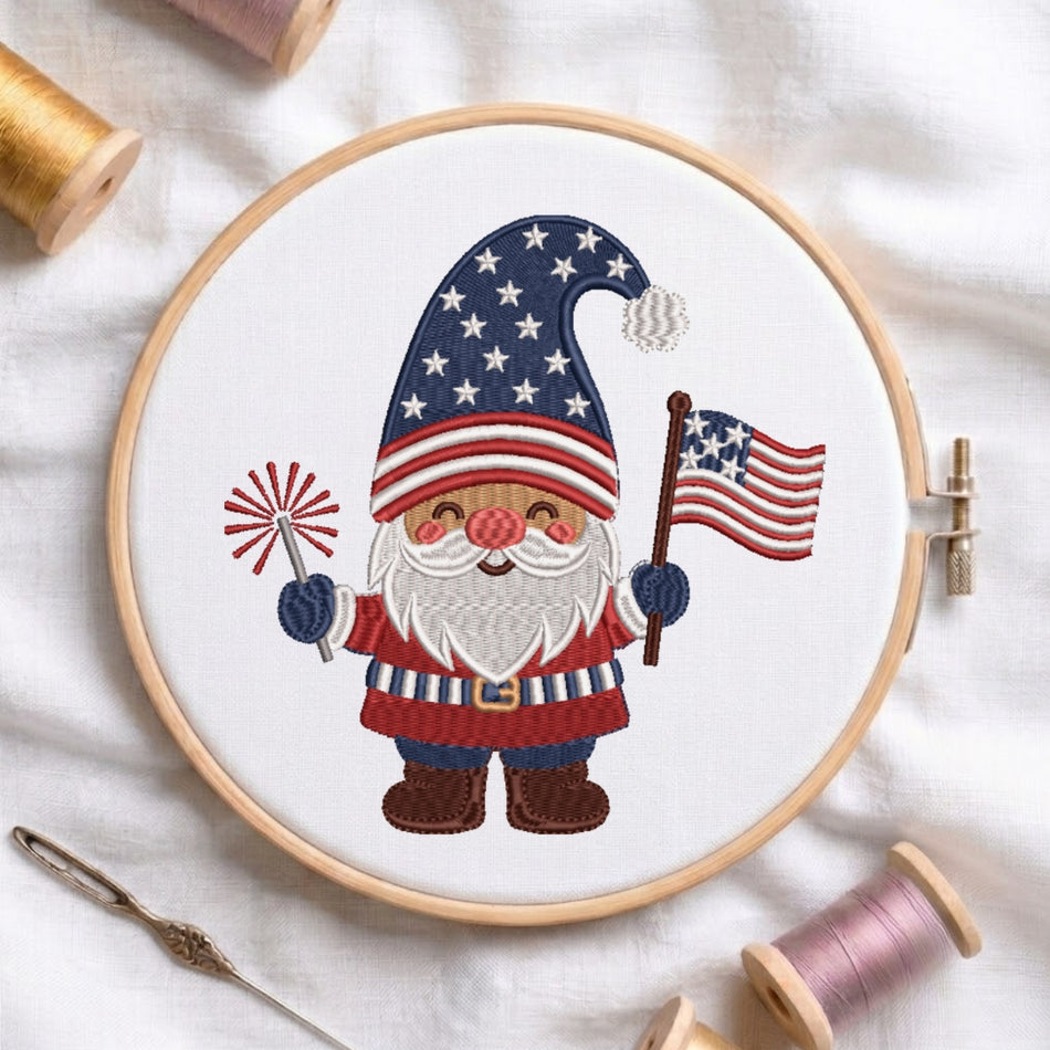 Festive Patriotic Americana Gnome Machine Embroidery Design - ED 294