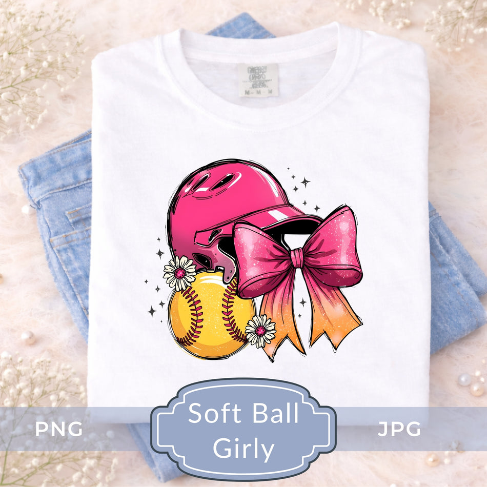 A folded white T-shirt displayed on top of light blue jeans, featuring a colorful graphic of a pink softball helmet, yellow softball, and pink bow with daisies. Text overlay at the bottom reads 'Soft Ball Girly' with PNG and JPG labels.