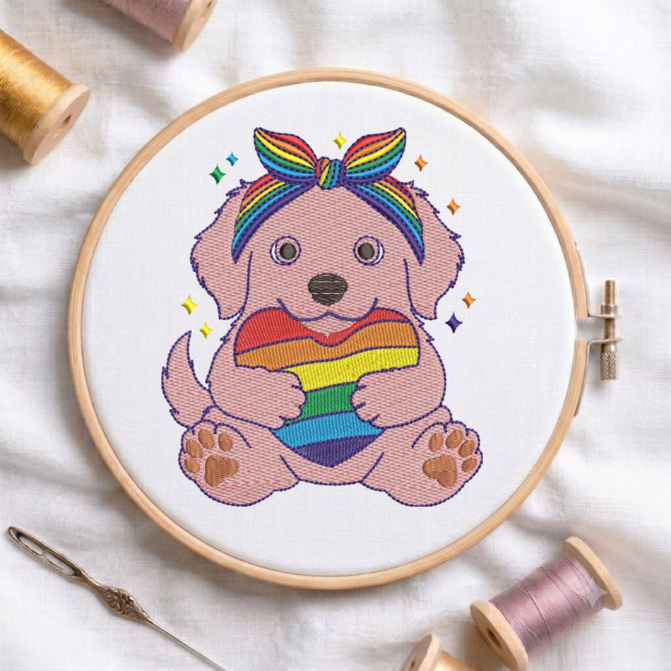 Cute Rainbow Heart Puppy Pride Machine Embroidery Design ED 153