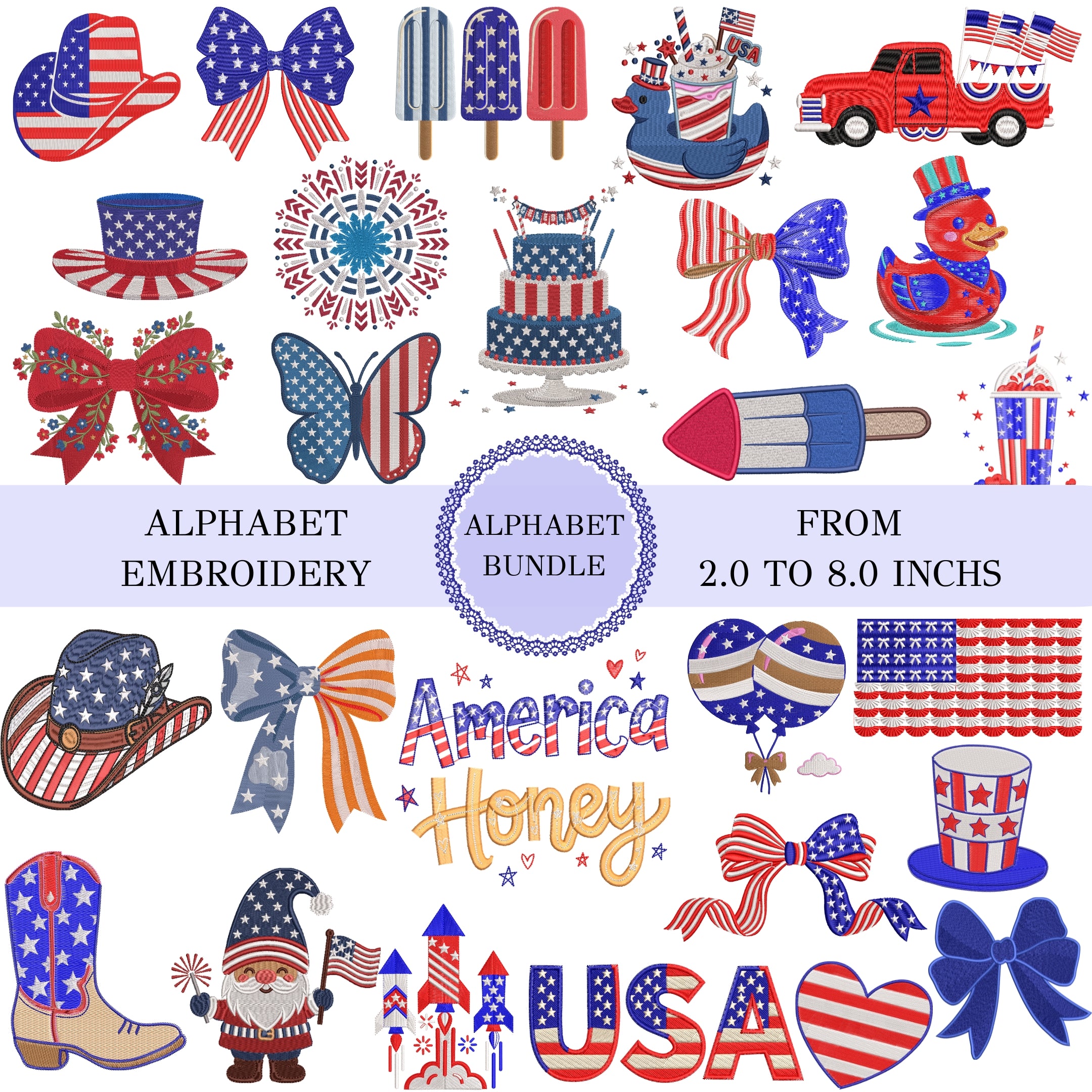 A patriotic-themed alphabet embroidery bundle preview featuring red, white, and blue embroidered designs including hats, bows, popsicles, a cake, duck, boots, balloons, stars, and text such as 'Alphabet Embroidery,' 'Alphabet Bundle,' 'From 2.0 to 8.