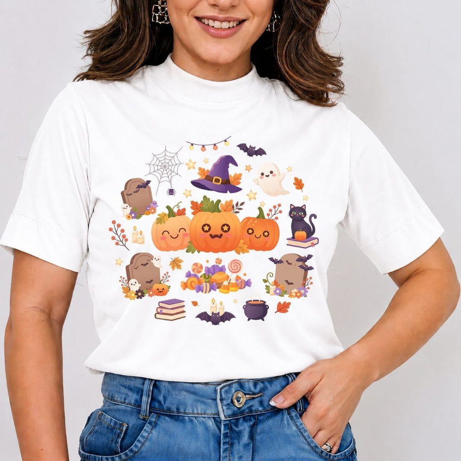 A woman wearing a white short-sleeve mock-neck t-shirt with a colorful cartoon Halloween graphic featuring pumpkins, a witch hat, ghosts, bats, and candy corn, paired with blue jeans.