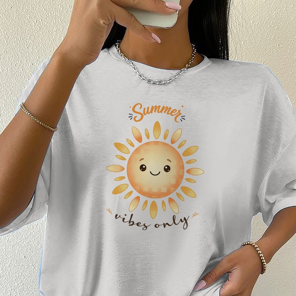 Person wearing a white t-shirt with a sun graphic and 'Summer vibes only' text.