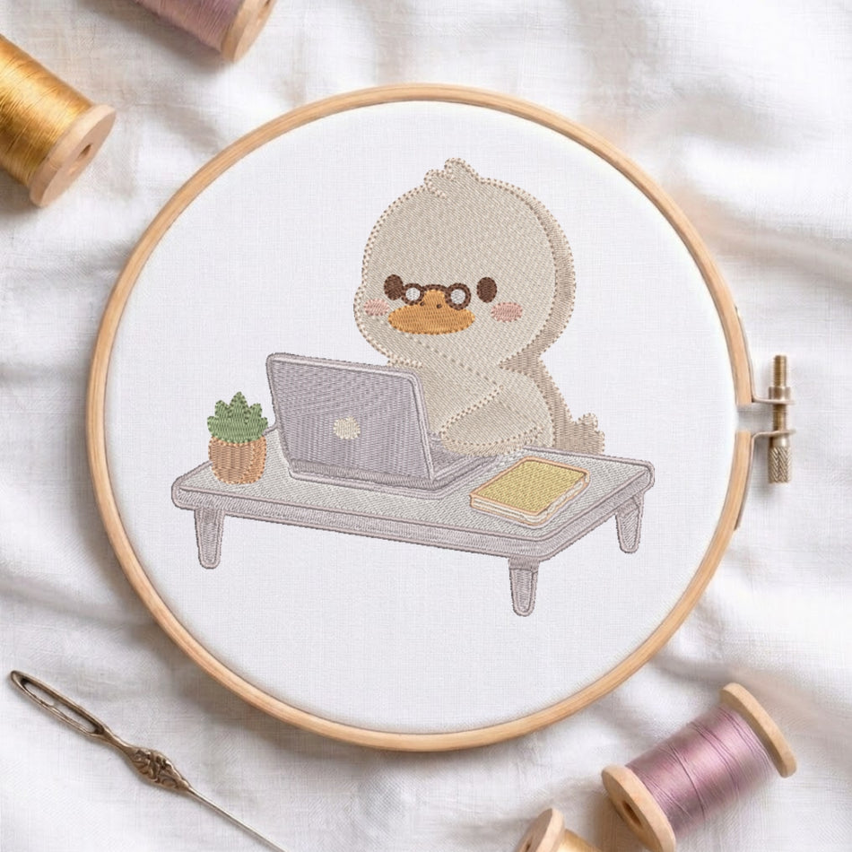 Cozy Studious Duckling Laptop Machine Embroidery Design ED 282