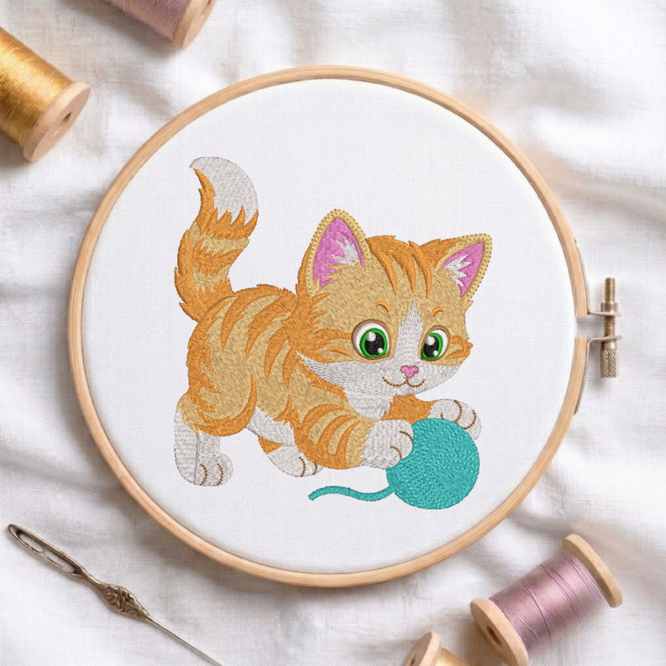 Cute Orange Tabby Kitten with Yarn Machine Embroidery Design ED 102