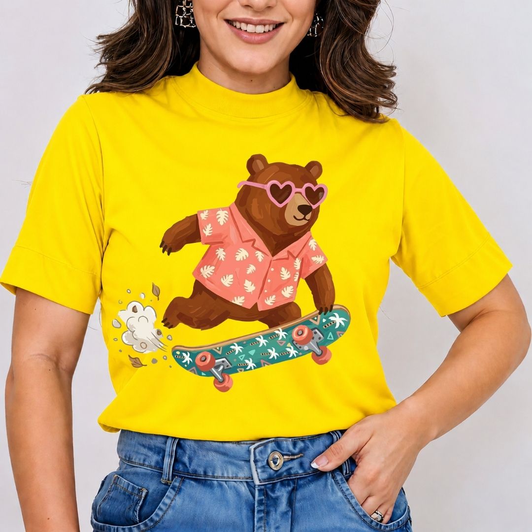 Person wearing a yellow t-shirt with a bear graphic on a plain background