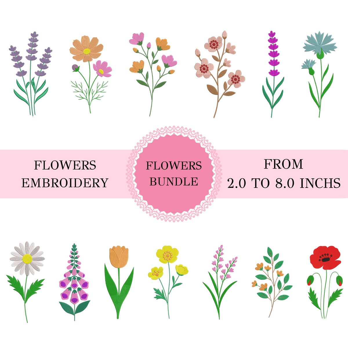 Grid showcase of twelve distinct embroidered wildflower motifs including lavender, daisy, poppy, tulip, and foxglove designs.